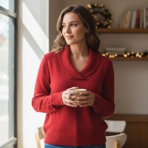 Prive 100% Cashmere Soft Red Shawl Collar Sweater – Women's Medium Small Holiday